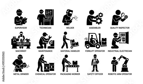 Industrial worker icons set featuring various job roles and equipment