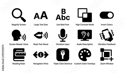 Accessibility symbols including magnifying screen, bold font, audio description, and color overlays