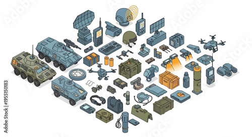 Isometric collection of military and tactical equipment, including vehicles, drones, communication devices, and protective gear, presented on a white background.