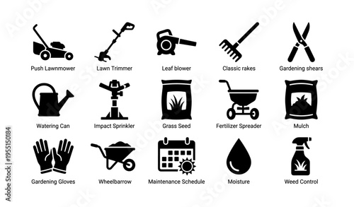 Gardening tools icons: lawnmower, trimmer, watering can, fertilizer spreader, gloves