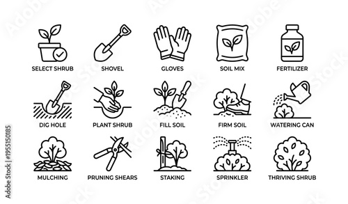 Gardening tools and techniques icons for shrubs and soil care