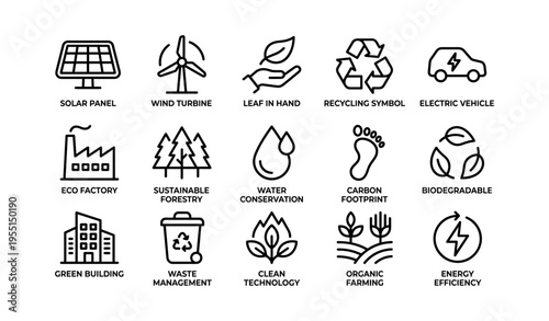 Eco-friendly icons: solar panel, wind turbine, recycling, electric vehicle, energy efficiency