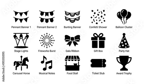 Festive icons collection: banners, confetti, balloons, and celebratory symbols
