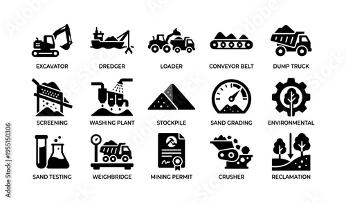 Industrial icons set: excavation, transportation, and environmental procedures