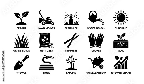 Gardening icons collection: tools and symbols for lawn care and planting