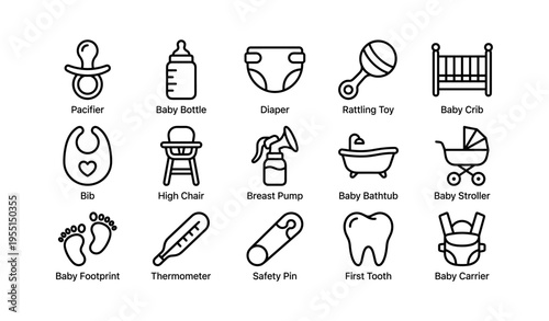 Baby essentials icons: pacifier, bottle, diaper, crib, high chair illustrations