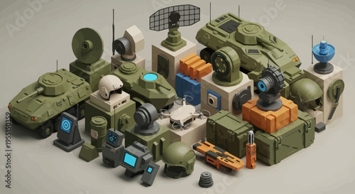 A detailed isometric collection of stylized military equipment, including tanks, drones, helmets, and radar systems, rendered in a clean, modern art style.