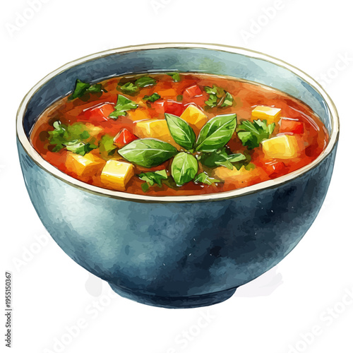 Soup, vibrant painting vector in watercolor style with playful brushwork and lively colors, isolated on a white background.