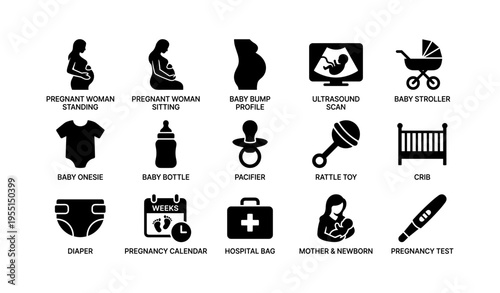 Pregnancy and newborn icons: baby development, motherhood, and infant essentials