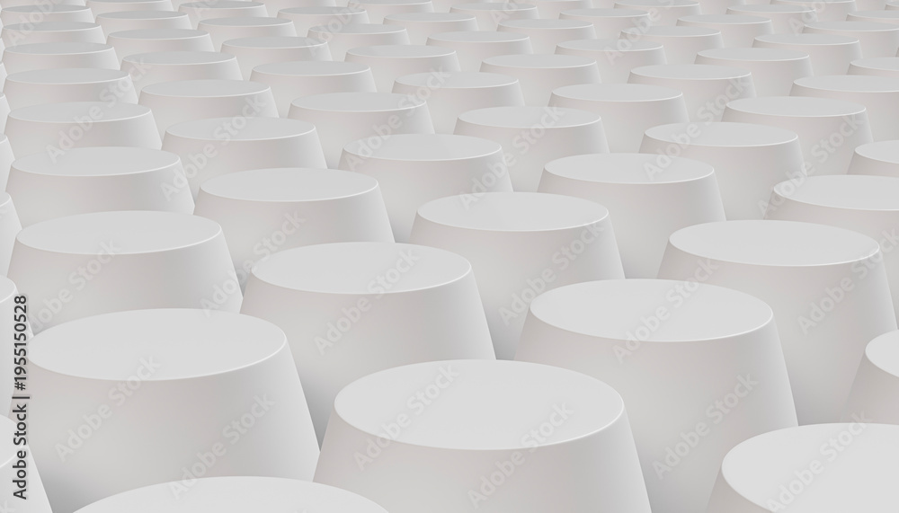 Fototapeta premium Abstract white cylinder pattern background, minimal 3D geometric shapes, futuristic repetitive structure, clean modern surface, depth perspective seamless design
