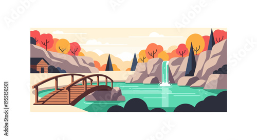 Scenic autumn landscape with wooden bridge and waterfall