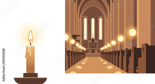 Elegant candle and majestic cathedral interior in warm tones