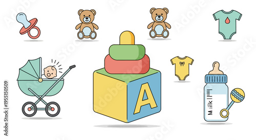 Colorful baby essentials with cute toys and clothes in soft pastel style
