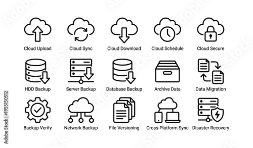 Cloud solutions icons: upload, sync, backup, security, migration, recovery