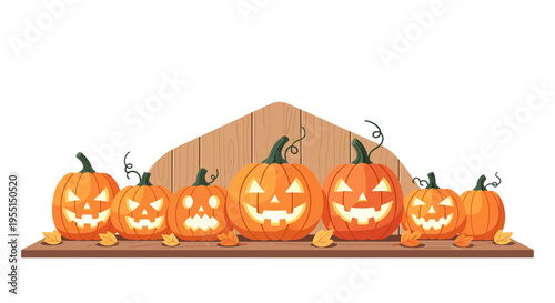 Festive halloween pumpkins with carved smiles on wooden shelf