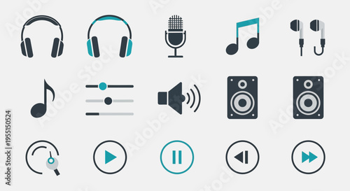 Minimalist audio and music icon set for digital applications