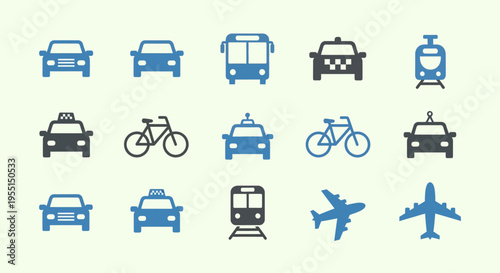 Transportation icons set: cars, bicycles, trains, and planes design