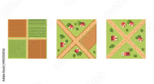 Isometric rural landscape set with fields, roads, and houses