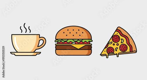 Flat icon design of coffee, burger, and pizza on white background