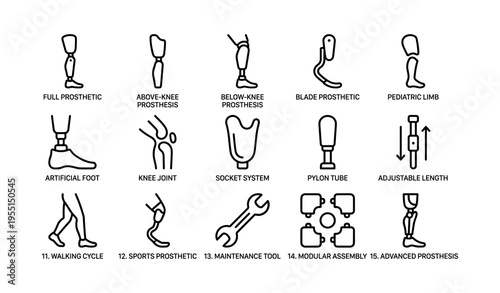 Diagrams of prosthetic limbs and components with labels