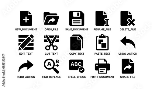 Icon set of common file and text editing actions for digital interfaces