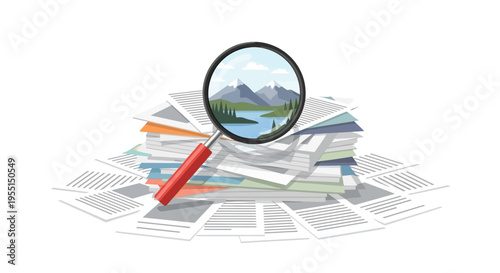 Exploring nature: magnifying glass reveals mountain landscape on document pile