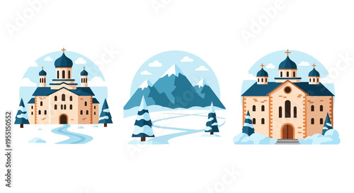 Scenic winter landscape with churches and mountains in flat style