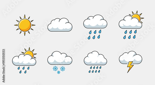 Colorful weather icons: sun, clouds, rain, snow, and thunder with modern design