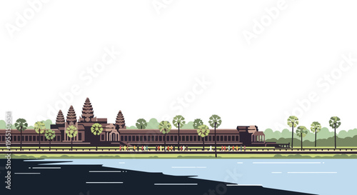 Scenic view of ancient temple by riverside with cyclists in flat style