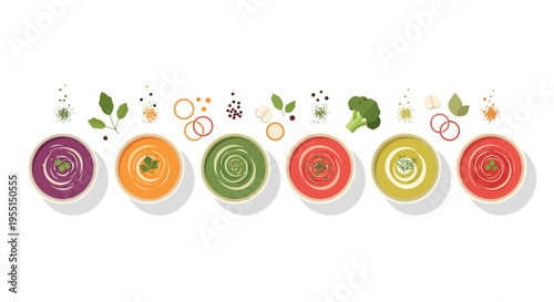 Colorful bowls of vegetable soup with ingredients in flat design on white background