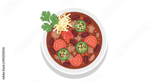 Flat style mexican chili bowl with cheese, beans, and jalapenos