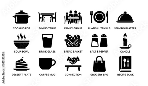 Kitchen and dining icons: cooking utensils, family, food, and dining symbols
