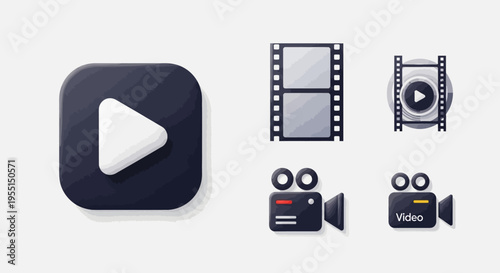 Minimalist 3d icons of play button and film camera for media apps