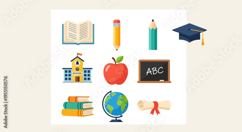 Educational icons collection featuring books, apple, globe, and school items