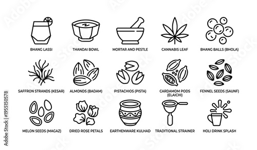 Traditional indian ingredients and drinks icon set with earthenware kulhad
