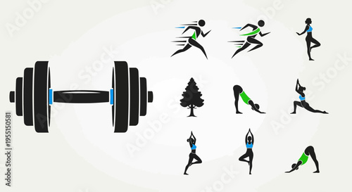 Dynamic fitness icons featuring workout activities and running silhouettes