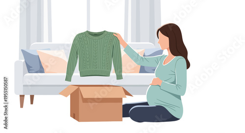 Pregnant woman unboxing sweater in cozy living room scene
