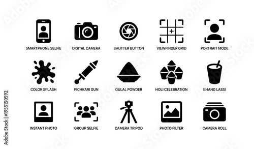 Black icons set: photography and holi celebration themes