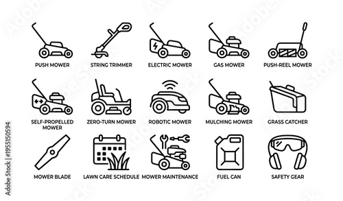 Lawn care tools: types of mowers, trimmers, and maintenance equipment icons