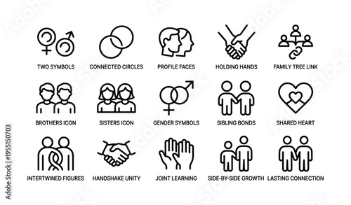 Symbols of connection and relationships icon set in black and white