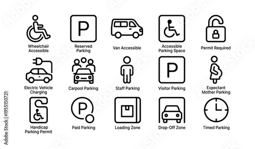 Parking and accessibility sign icons for various needs