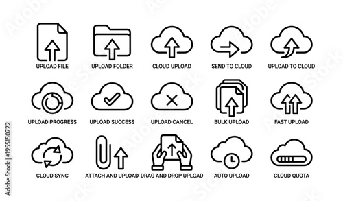 Cloud upload icons: sync, backup, transfer symbols for file management