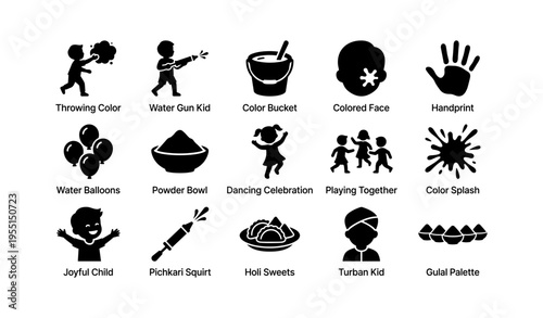 Holi festival symbols: kids playing with colors, balloons, and sweets