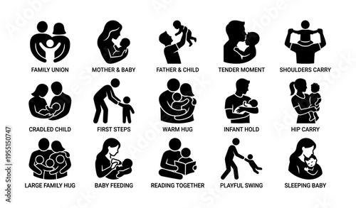 Silhouette family icons: parenting, childcare, relationships, and activities