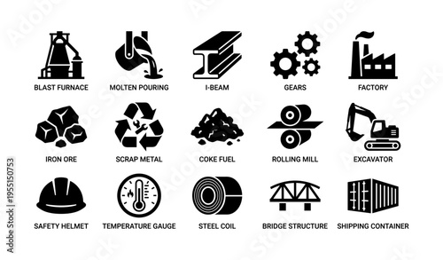 Industrial icons set: blast furnace, i-beam, excavator, safety helmet, shipping container