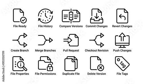 File management icons: commit, merge, permissions, revert, tags for efficient workflow