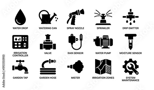 Black icons of essential irrigation tools and systems for efficient water management