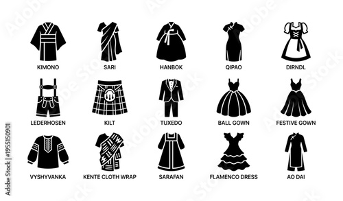 Traditional clothing icon set featuring global cultural attire