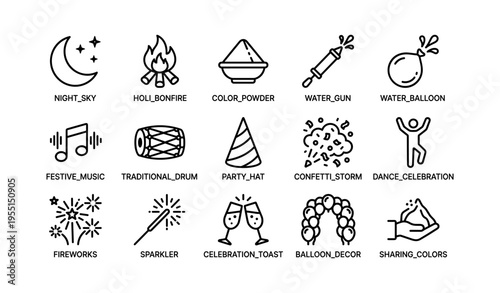 Festive icon set illustrations including music, celebration, and party elements