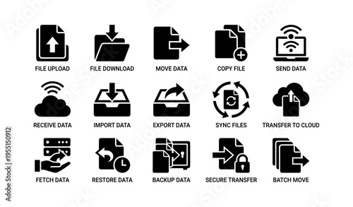 Data management icons for file operations and cloud transfer